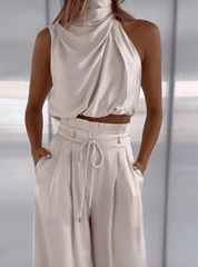 Elegante Top En Wide Leg Broek Set Voor Dames Met Tailleband