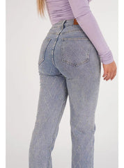 Jeans Voor Vrouwen High Waist Rechte Pijpen Met Strass Ruitpatroon