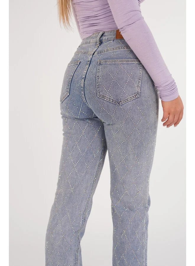 Jeans Voor Vrouwen High Waist Rechte Pijpen Met Strass Ruitpatroon