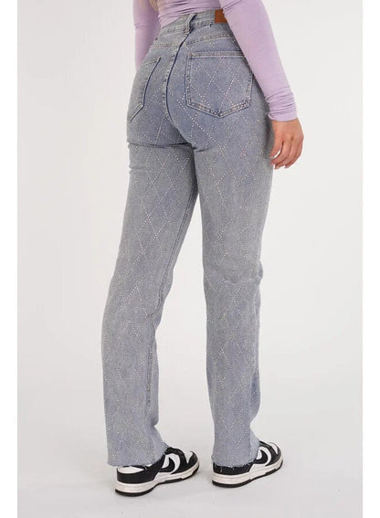 Jeans Voor Vrouwen High Waist Rechte Pijpen Met Strass Ruitpatroon