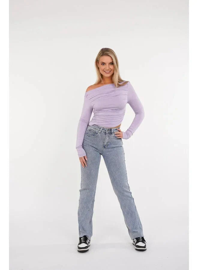 Jeans Voor Vrouwen High Waist Rechte Pijpen Met Strass Ruitpatroon