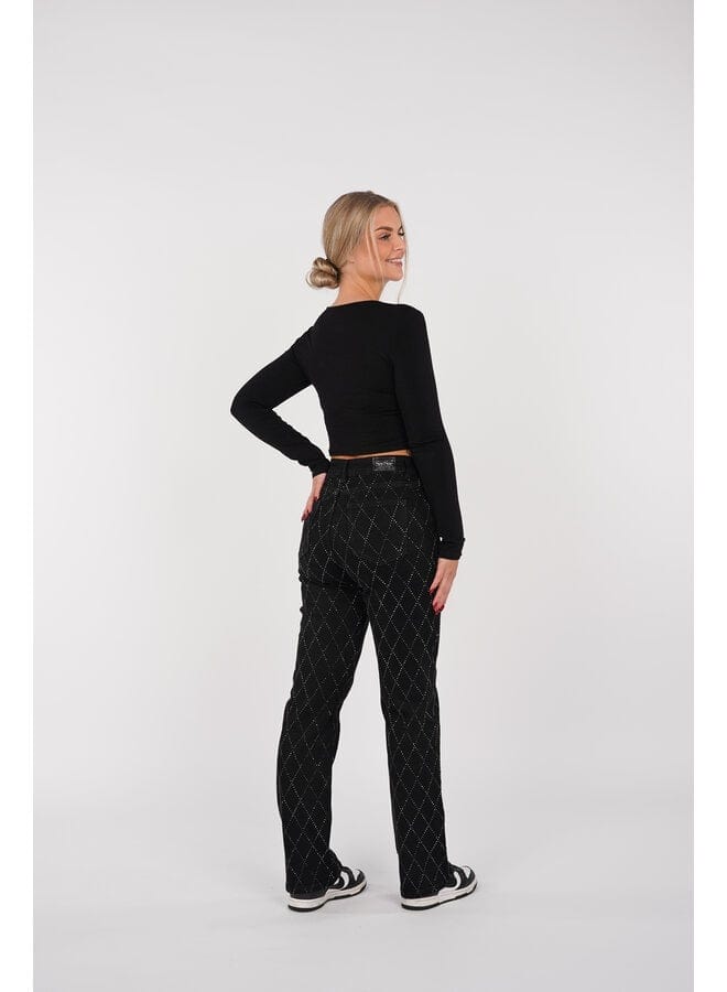 Jeans Voor Vrouwen High Waist Rechte Pijpen Met Strass Ruitpatroon