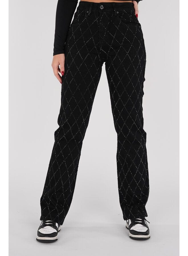 Jeans Voor Vrouwen High Waist Rechte Pijpen Met Strass Ruitpatroon