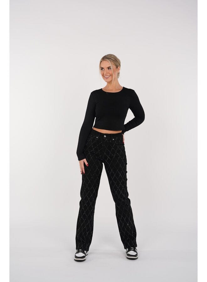 Jeans Voor Vrouwen High Waist Rechte Pijpen Met Strass Ruitpatroon