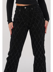 Jeans Voor Vrouwen High Waist Rechte Pijpen Met Strass Ruitpatroon