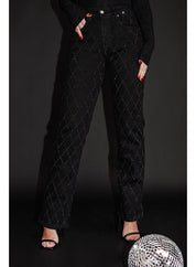 Jeans Voor Vrouwen High Waist Rechte Pijpen Met Strass Ruitpatroon