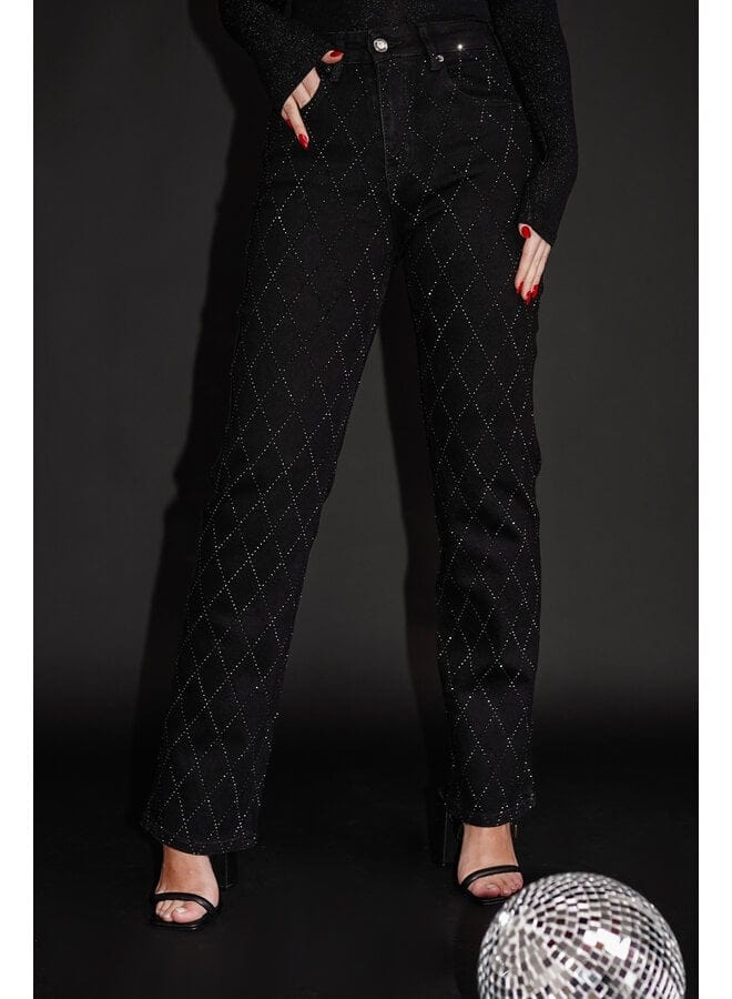 Jeans Voor Vrouwen High Waist Rechte Pijpen Met Strass Ruitpatroon