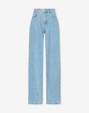 Damskie jeansy z wysokim stanem i prostymi nogawkami z perłowymi zdobieniami