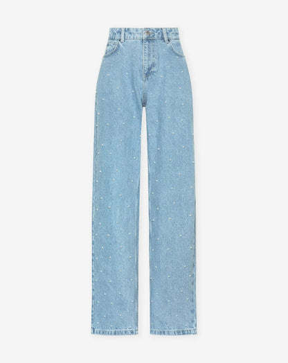 Vrouwen Hoge Taille Rechte Jeans met Pareldetails