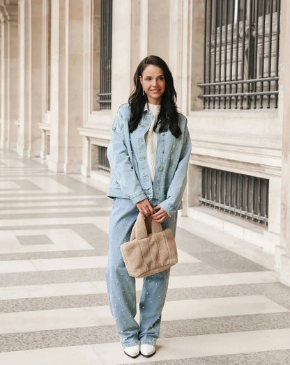 Vrouwen Hoge Taille Rechte Jeans met Pareldetails