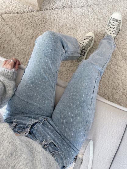 Vrouwen Hoge Taille Rechte Jeans met Pareldetails