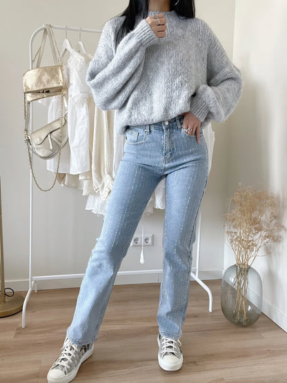Vrouwen Hoge Taille Rechte Jeans met Pareldetails
