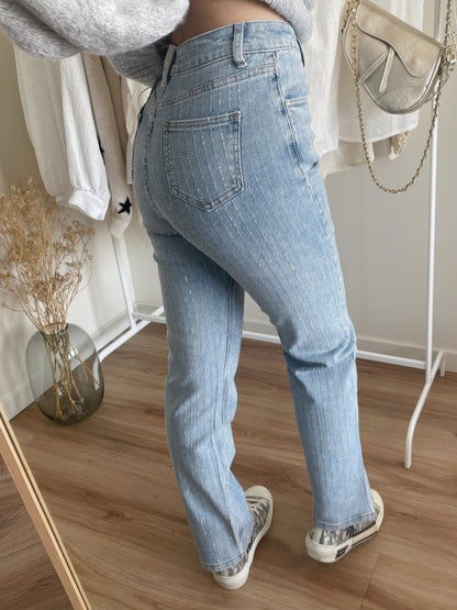 Vrouwen Hoge Taille Rechte Jeans met Pareldetails