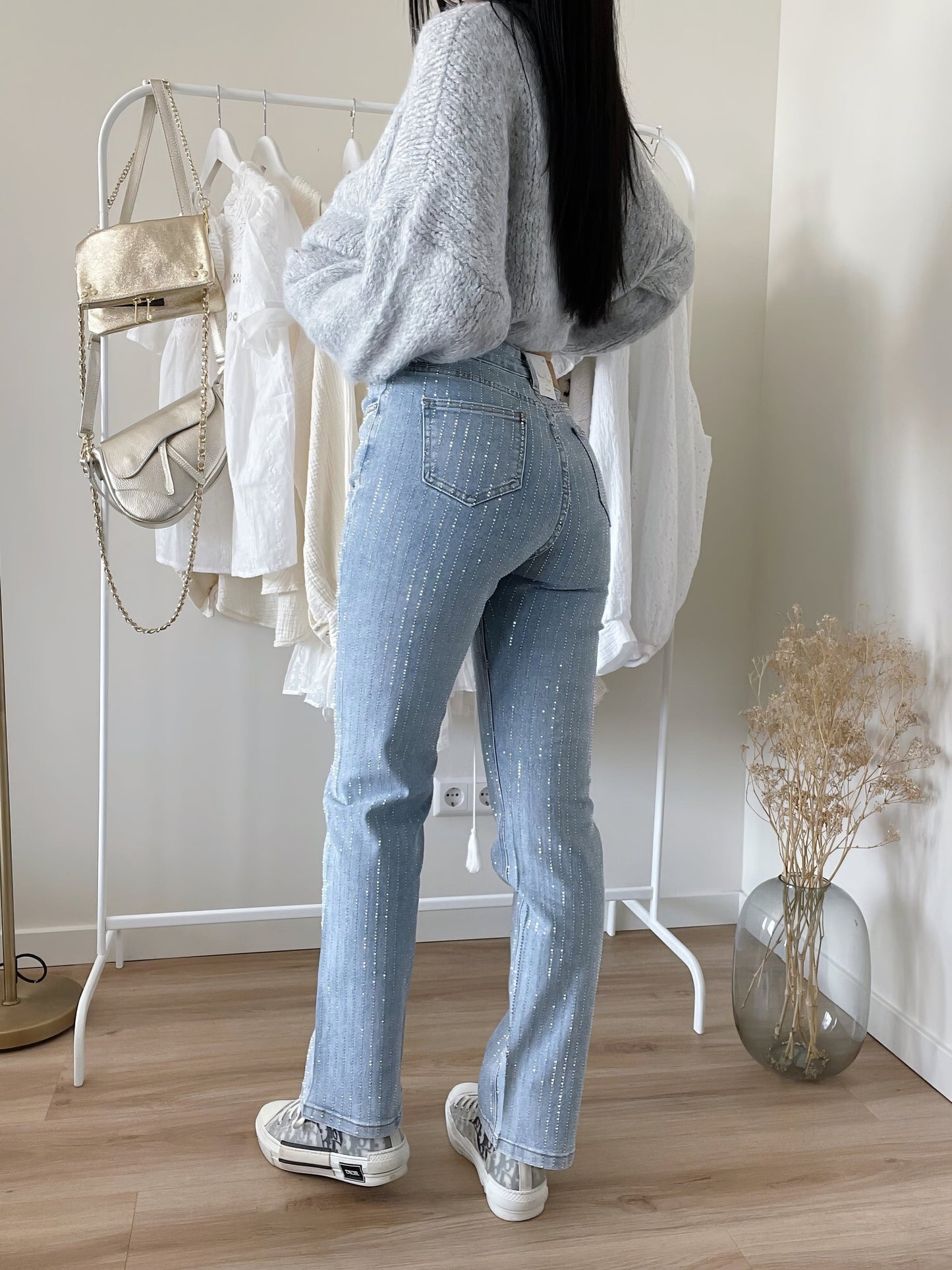 Vrouwen Hoge Taille Rechte Jeans met Pareldetails