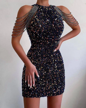 Luxury Sequin Mini Dress for Women with Halter Neck and Shoulder Chain