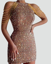 Luxury Sequin Mini Dress for Women with Halter Neck and Shoulder Chain