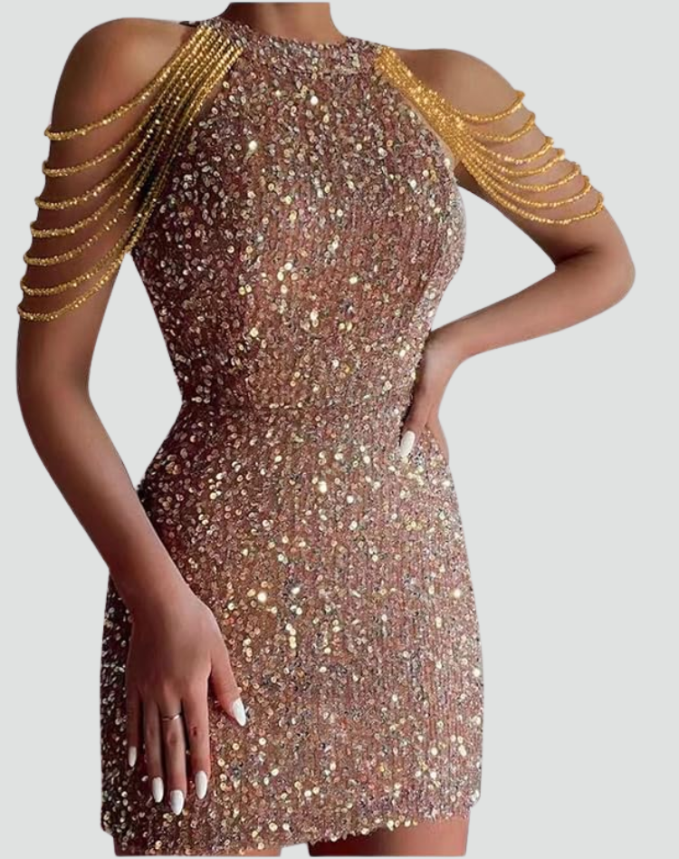 Luxury Sequin Mini Dress for Women with Halter Neck and Shoulder Chain