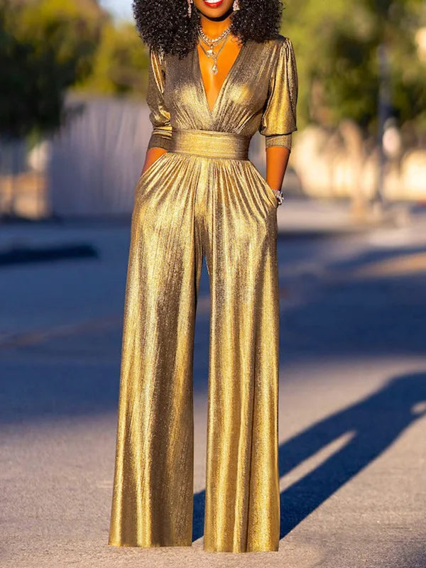 Luxe Dames Glanzende Jumpsuit Met Wijde Pijpen En V Hals