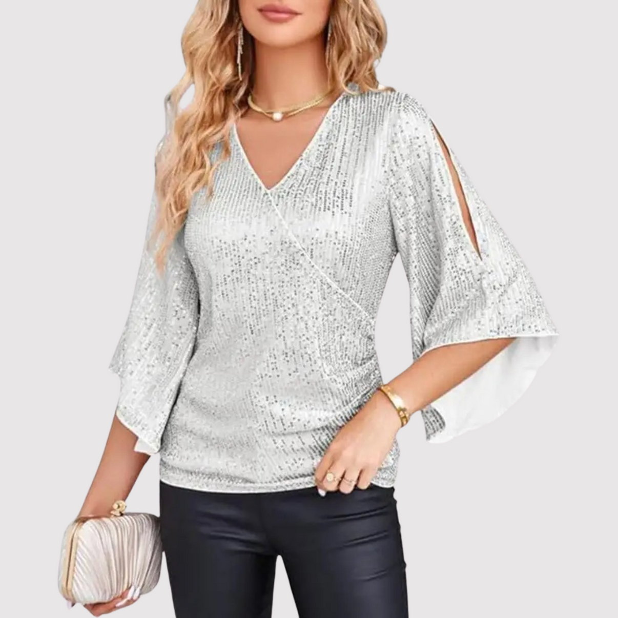 Festive Glitter Sequin Women's Blouse with V-Neck