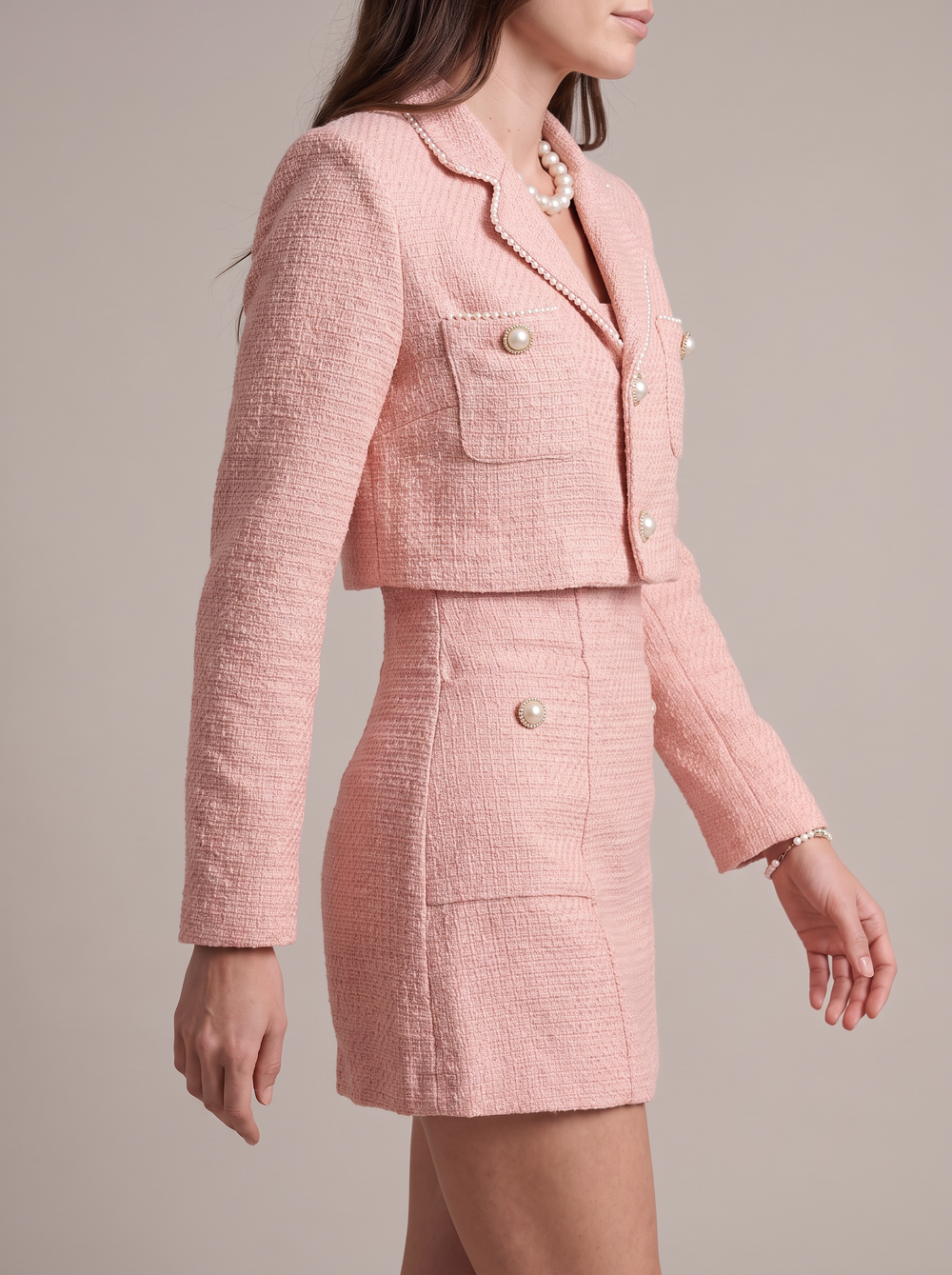 Dames Chique Tweed Set met Cropped Jasje en Mini Jurk