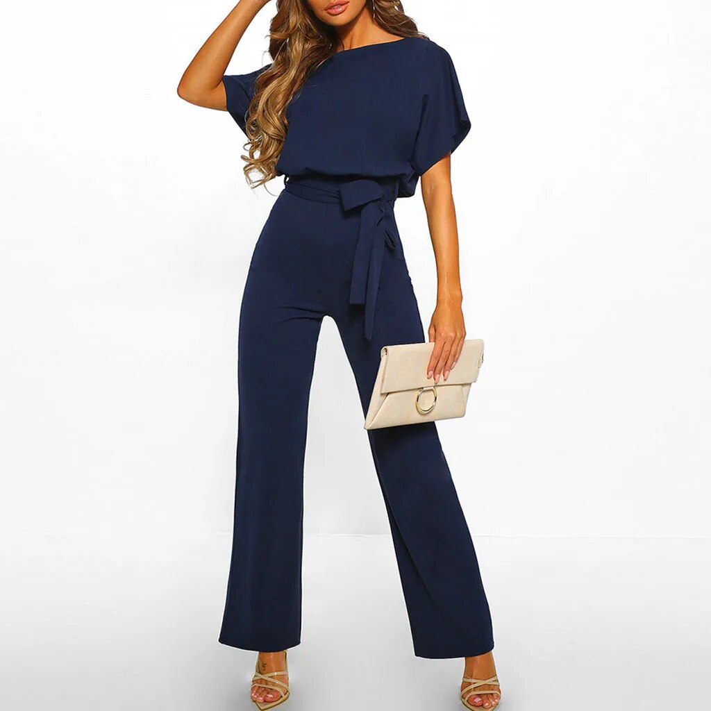 Jumpsuit Met Korte Mouwen En Strikceintuur Voor Dames