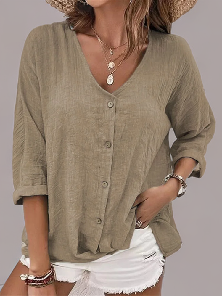 Luchtige V-Hals Blouse Met Knoopsluiting Voor Vrouwen