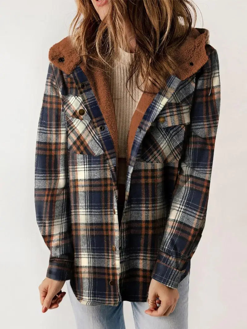Women's Plaid Winter Teddy Coat with Hood
