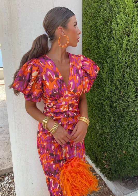 Jasmina - Midi jurk met pofmouwen en kleurrijk patroon