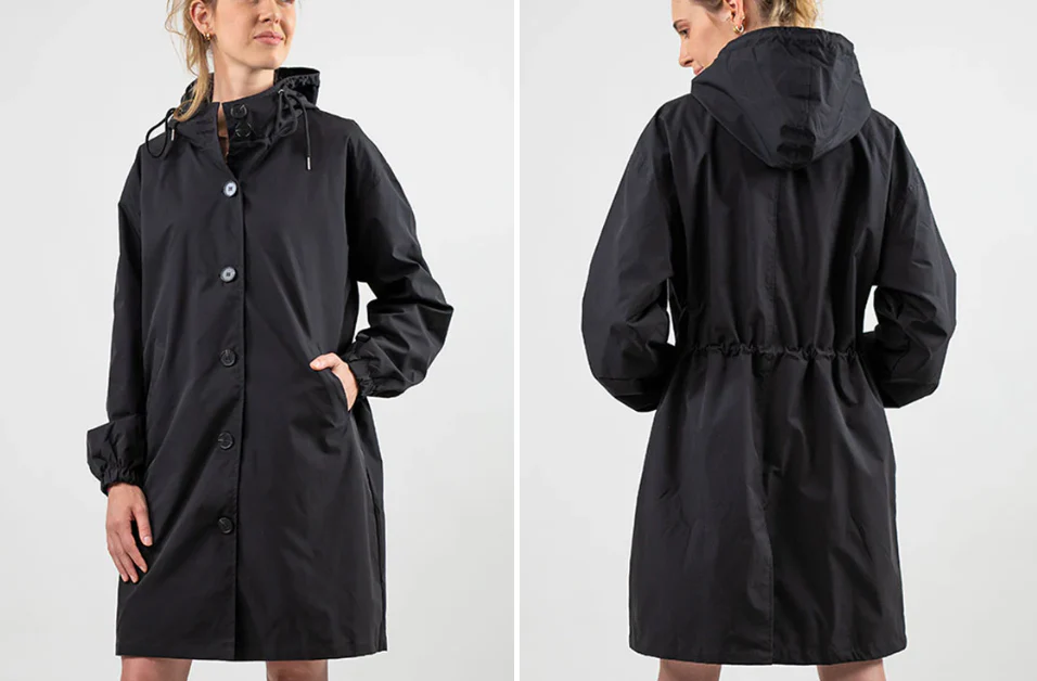 Waterdichte Vrouwen Regenjas Met Knopen Capuchon En Verstelbare Taille