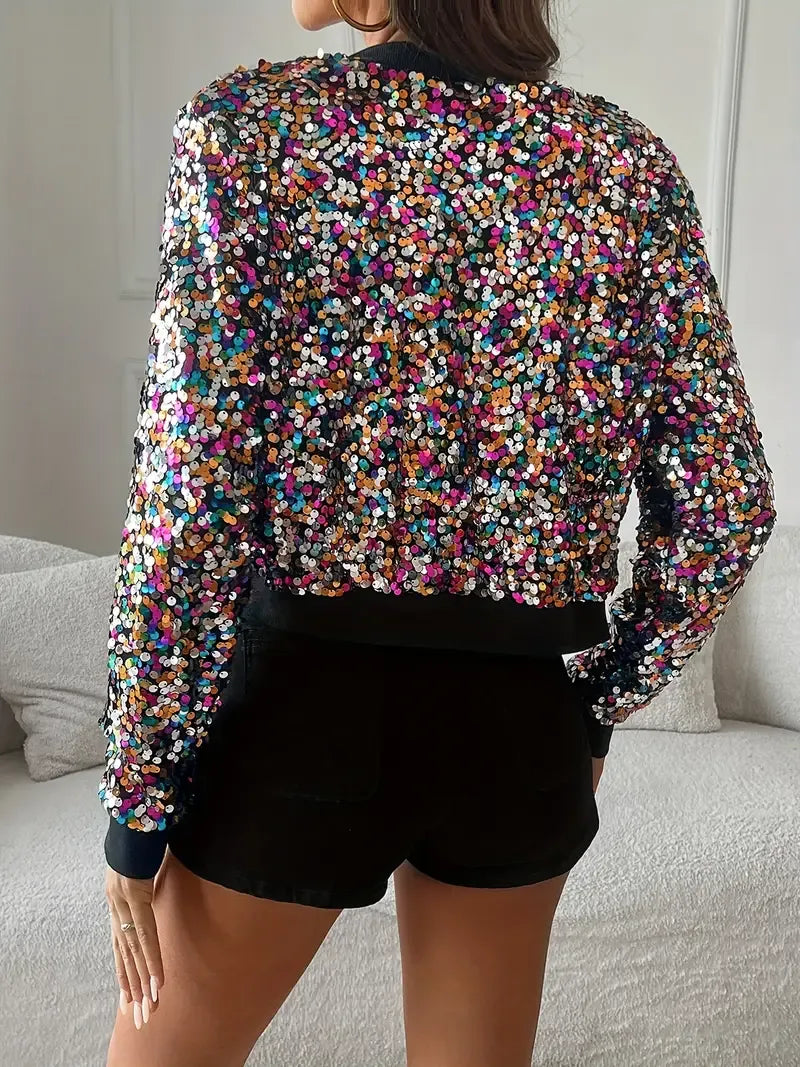 Bomber Crop Top à Paillettes Multicolores pour Femme avec Fermeture Éclair