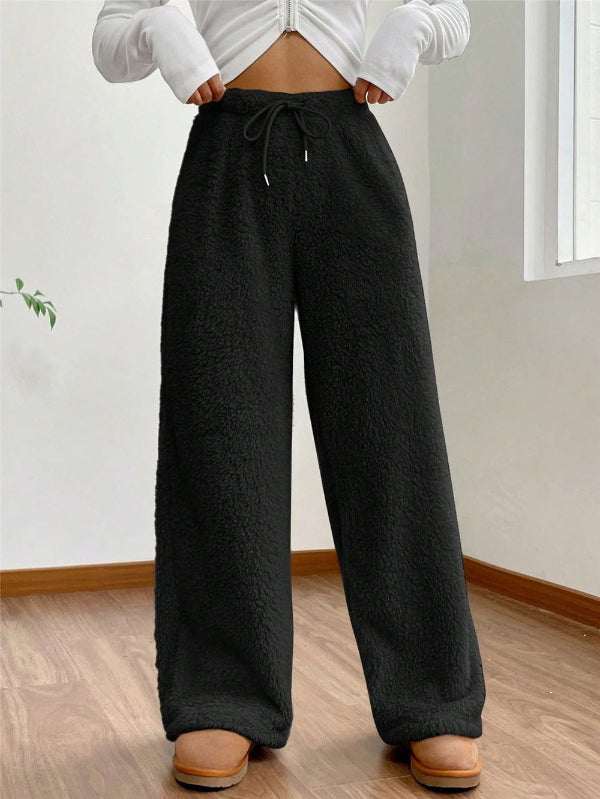 Ciepłe Zimowe Damskie Spodnie Dresowe Teddy Fleece ze Sznurkiem w Pasie
