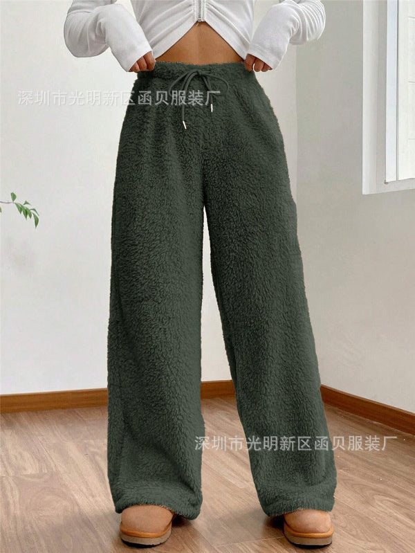 Ciepłe Zimowe Damskie Spodnie Dresowe Teddy Fleece ze Sznurkiem w Pasie