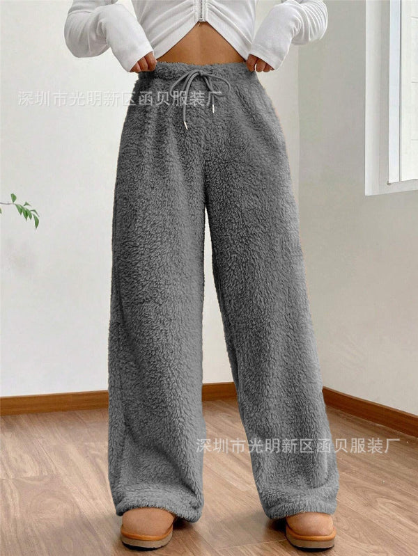 Ciepłe Zimowe Damskie Spodnie Dresowe Teddy Fleece ze Sznurkiem w Pasie