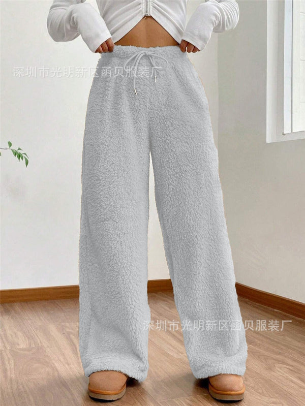 Ciepłe Zimowe Damskie Spodnie Dresowe Teddy Fleece ze Sznurkiem w Pasie