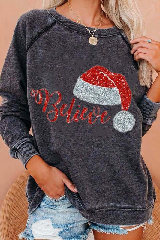 Grijs Sweatshirt voor Dames Oversized met Kerstprint en Lange Mouwen