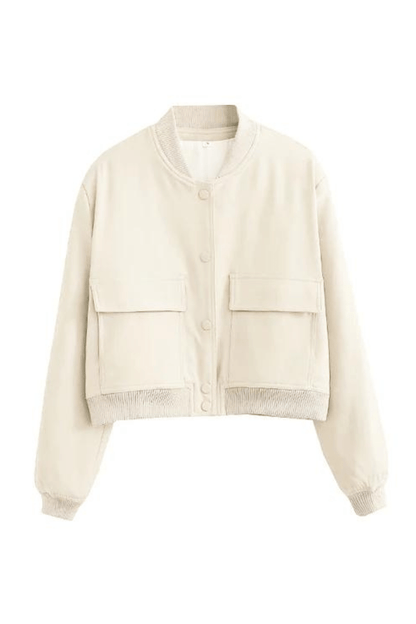 Dames Cropped Bomberjack Met Knoopsluiting Klepzakken En Geribde Boorden