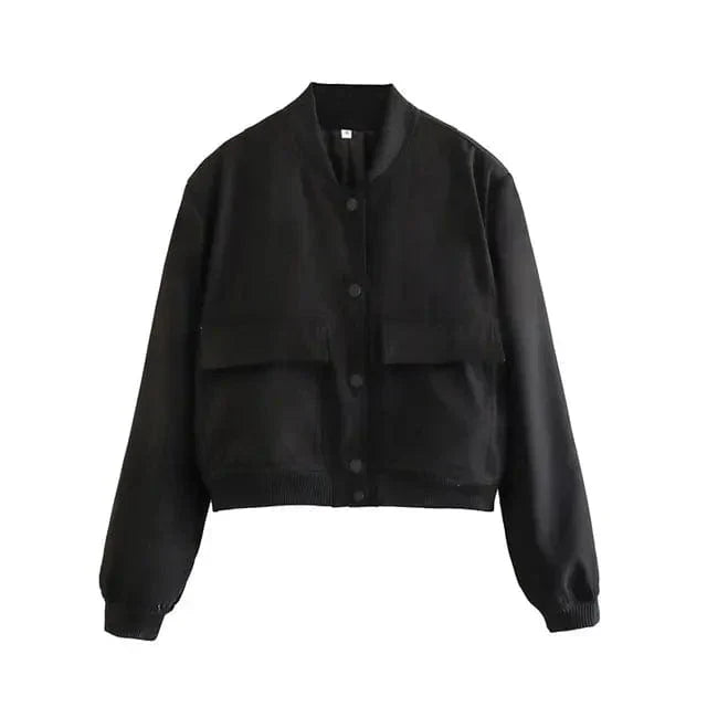 Dames Cropped Bomberjack Met Knoopsluiting Klepzakken En Geribde Boorden