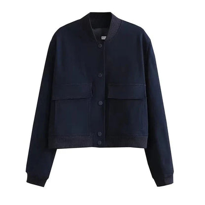 Dames Cropped Bomberjack Met Knoopsluiting Klepzakken En Geribde Boorden