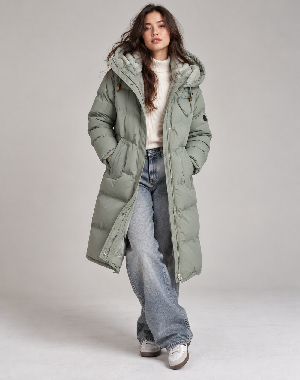 Manteau d'hiver long matelassé avec capuche et doublure en fourrure pour femmes