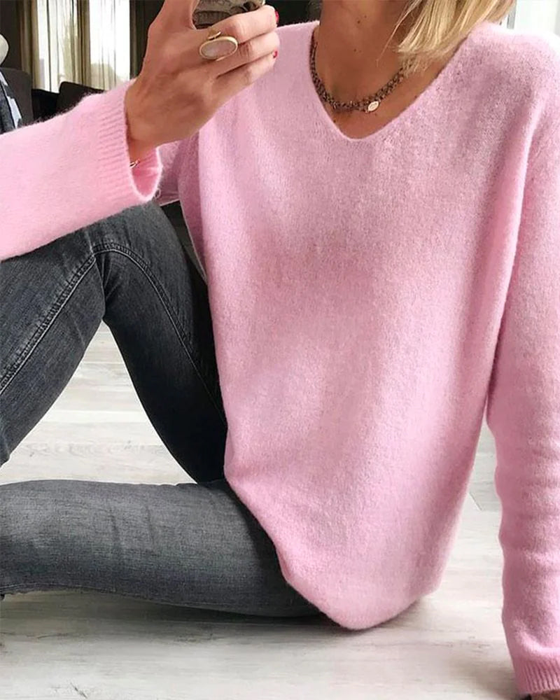 Lichte zachte dames sweater met v-hals en lange mouwen