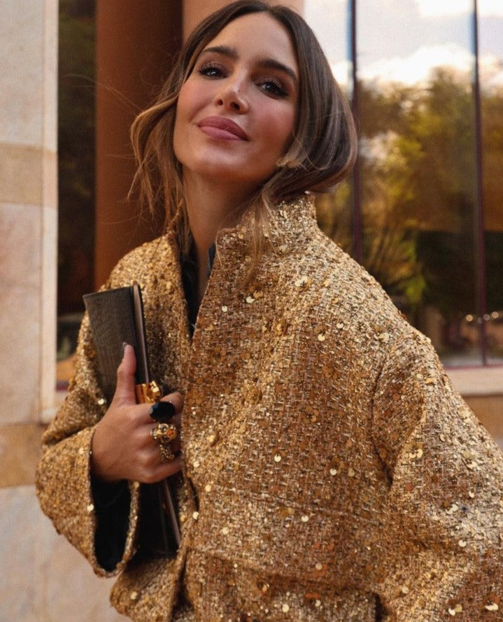 Chique dames jas met gouden glitter pailletten