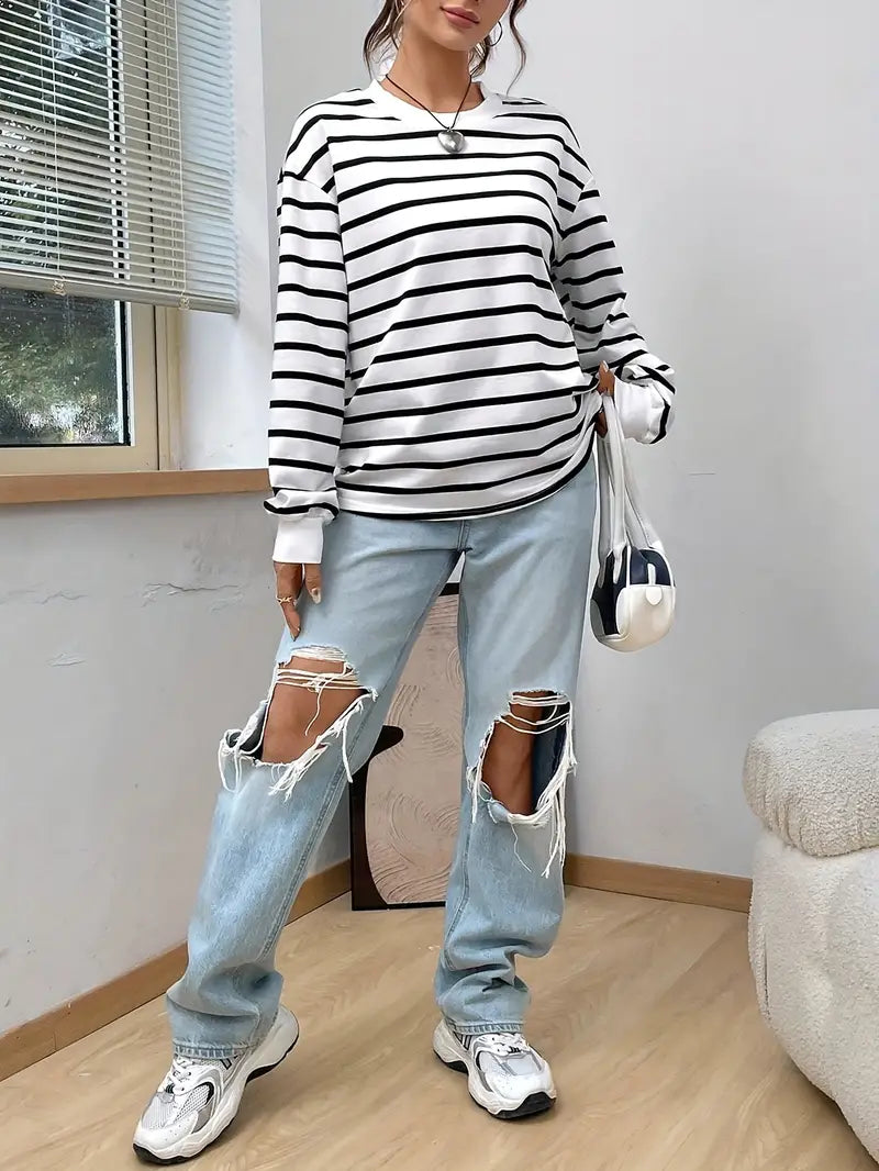 Zwart-Wit Gestreept Dames Trui met Lange Mouwen