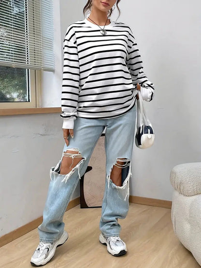 Zwart-Wit Gestreept Dames Trui met Lange Mouwen