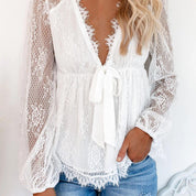 Lace Blouse with Deep V Neck and Long Sleeves for Women