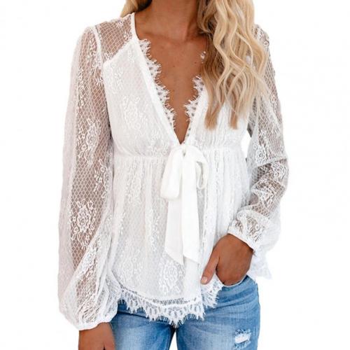 Lace Blouse with Deep V Neck and Long Sleeves for Women
