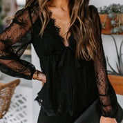 Lace Blouse with Deep V Neck and Long Sleeves for Women