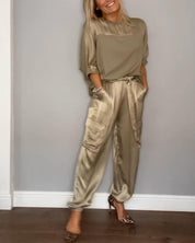 Women's Set with Satin Top and Cargo Pants