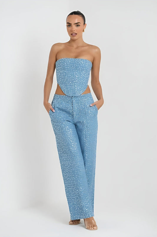 Blauwe Glitter Bandeau Co-ord Set voor Dames