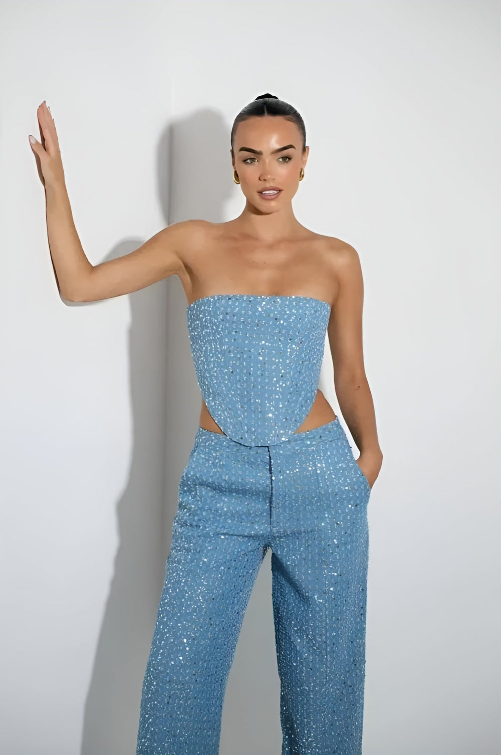 Blauwe Glitter Bandeau Co-ord Set voor Dames