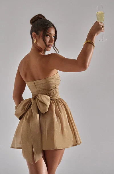 Strapless Glitter Mini Jurk Met Grote Strik Cocktail Feest Voor Dames
